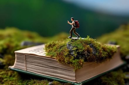 A macro shot of a miniature student figurine trekking up a hill, a School & Education Photo by designvectx
