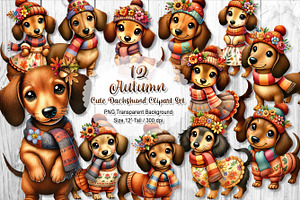 Cute Autumn Dachshund Clipart Set, a Seasonal Illustration by V Design Creator