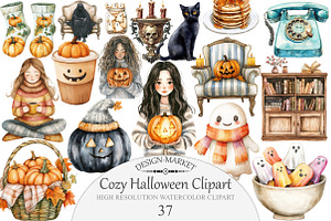 Watercolor Cozy Halloween Clipart, an Illustration by Design Market