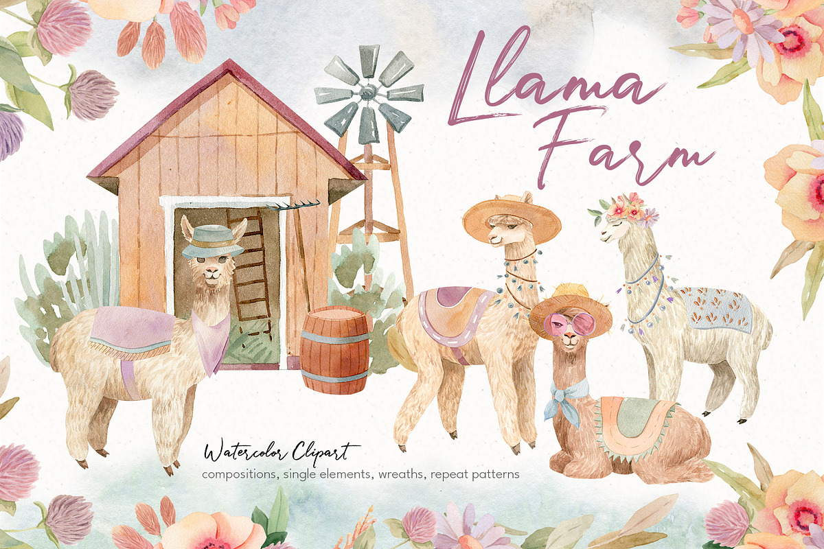 Llama Farm Watercolor Clipart, an Animal Illustration by Julia M. Watercolor (Photo 1 of 14)