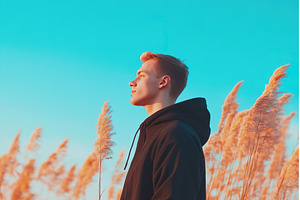 Young man in hoodie stands among, a Nature Photo by Lermont51