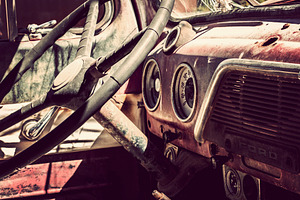 Rusty old tow truck interior