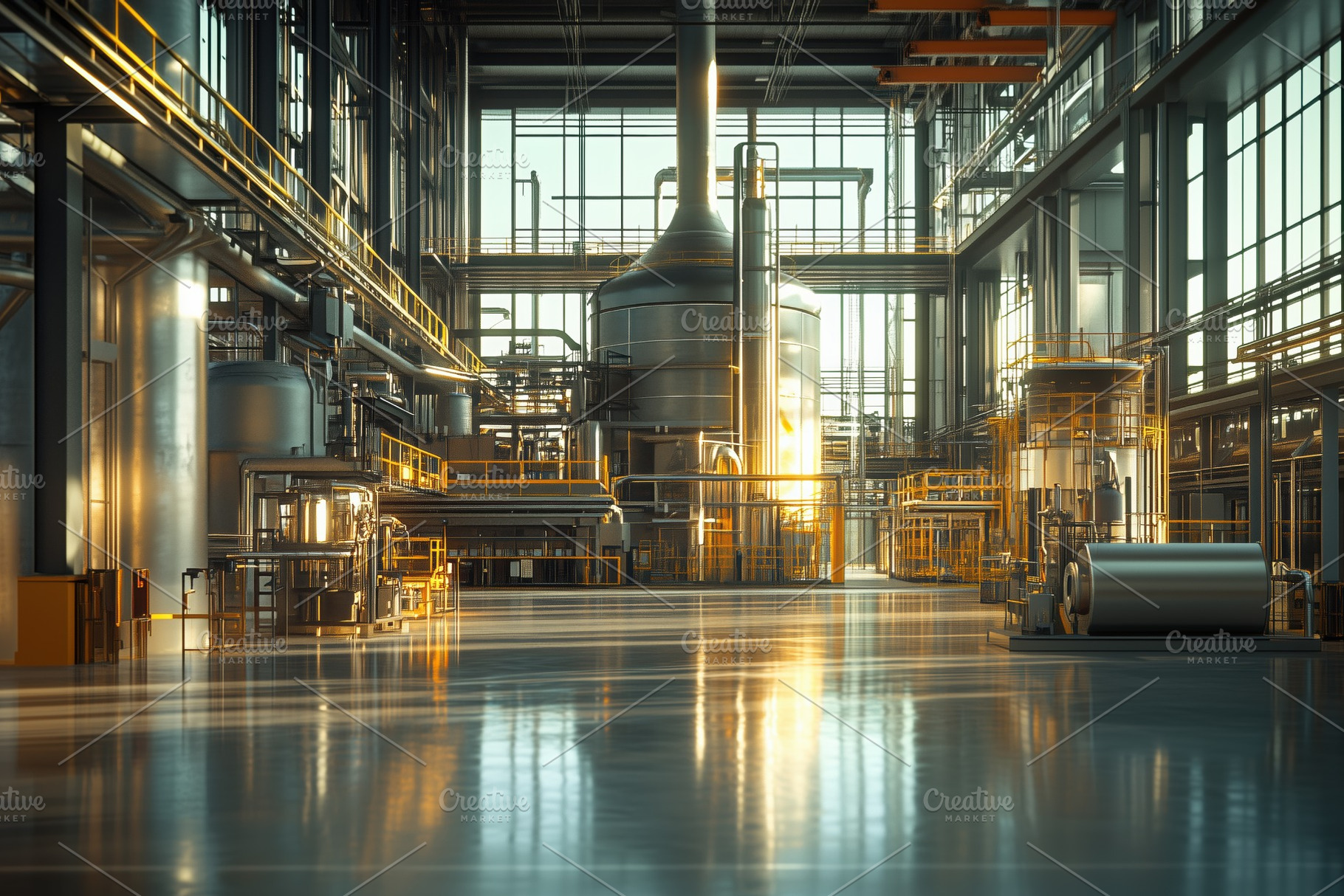 A modern industrial facility with large machinery, bright sunlight streaming th, an Industrial Photo by Textures & Backgrounds