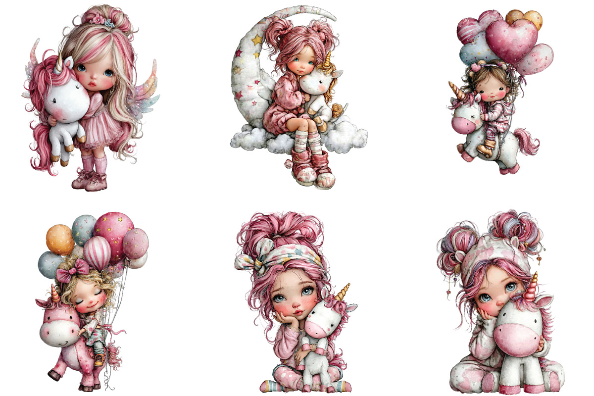 Whimsical Girl With Unicorn Clipart, an Illustration by CraftArtStudio (Photo 4 of 6)