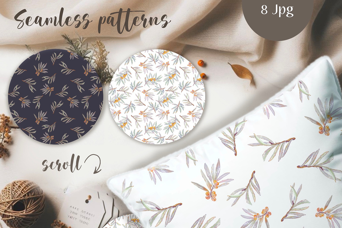 Sea buckthorn clipart and patterns, a Decorative Illustration by Shabbypie (Photo 4 of 7)