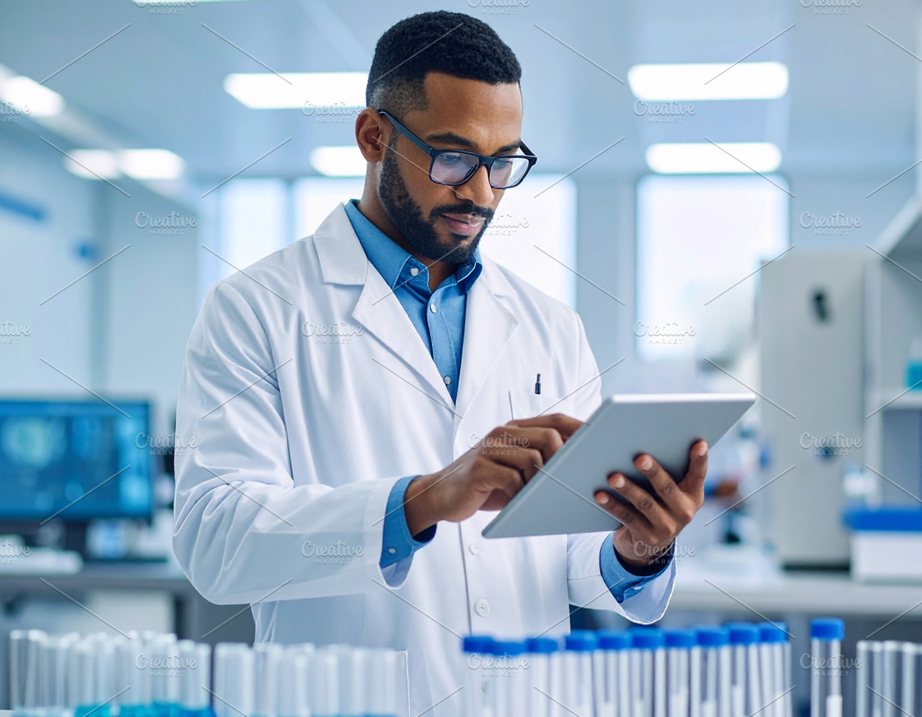 Scientist working with a tablet while examining test tubes, an Industrial Photo by DanFLCreativo