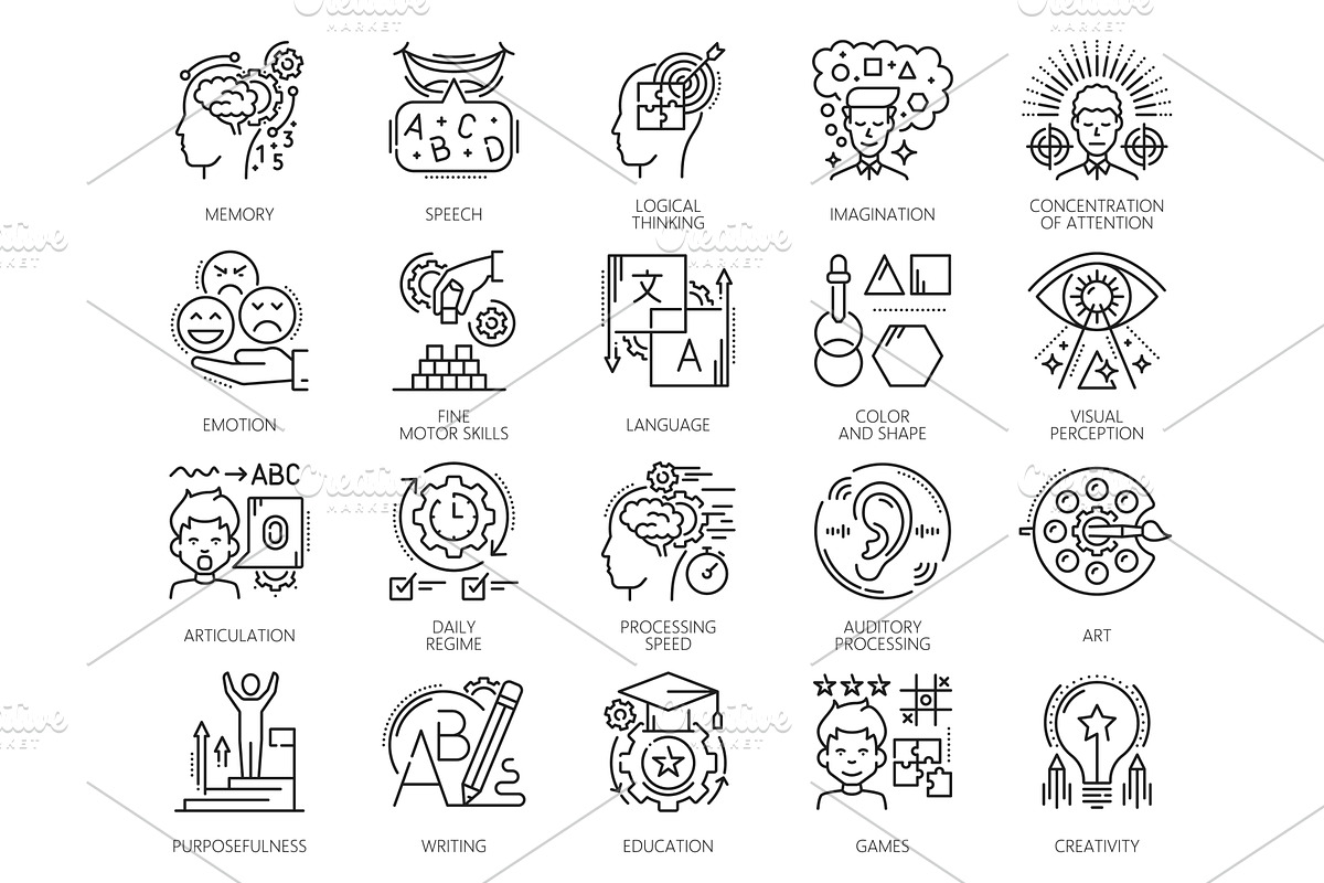 Cognitive ability, kids memory icons, a Healthcare Illustration by Vector Tradition