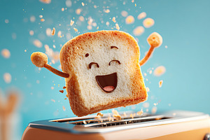 Loaf of bread joyfully popping out of a toaster with cheerful arms in bright se, a Food & Drink Photo by AlyaAnd