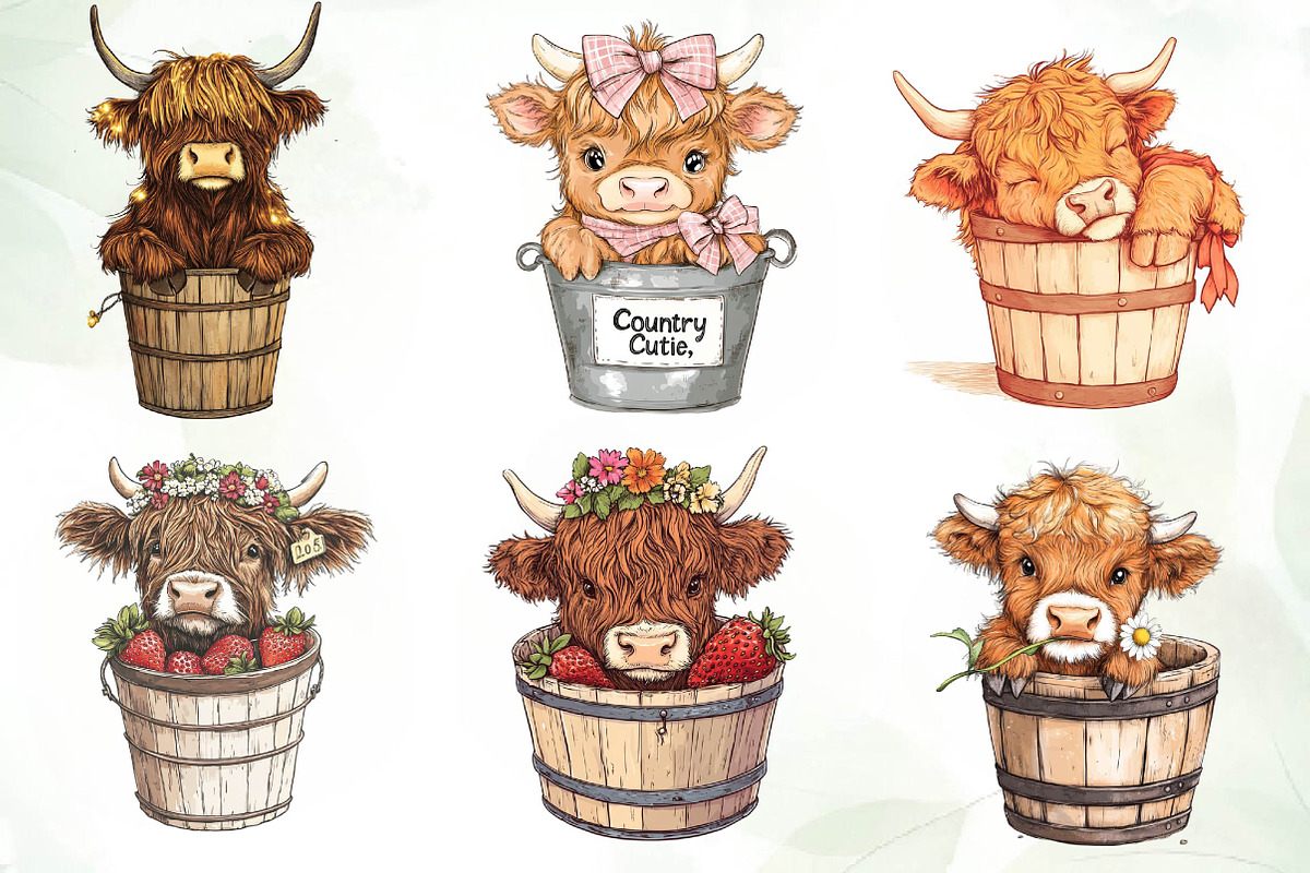 Cute Highland Cow in a Bucket Clipar, an Illustration by CreationArt (Photo 4 of 7)