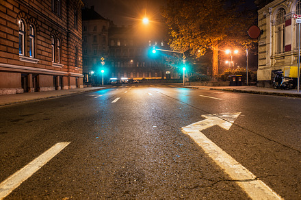 Empty night road with traffic lights, a Transportation Photo by New York Art Store