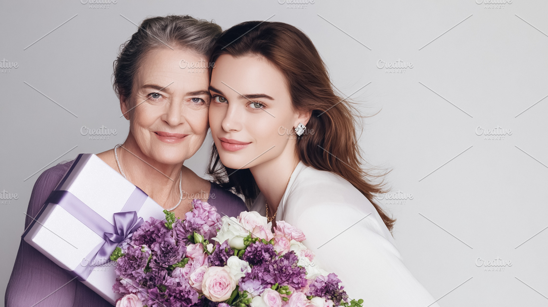 Mother and adult daughter celebrating Mother's Day, hugging with, a Photo by Studio ANNA