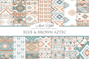 Blue and Brown Aztec Digital Paper, a Pattern Graphic by Avenie Digital
