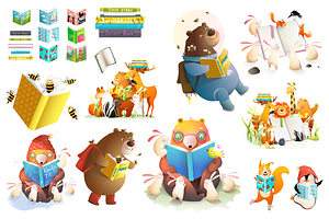 Animals Reading Books Kids Cartoons