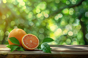 Fresh and tasty grapefruits with green leaves on blurred green background, a Food & Drink Photo by AlyaAnd