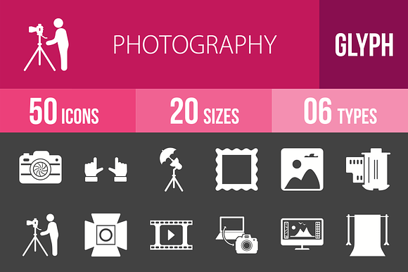 50 Photography Glyph Inverted Icons