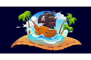 Pirate ship on treasure map, a Transportation Illustration by Vector Tradition