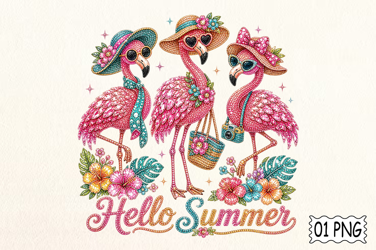 Rhinestone Hello Summer Flamingo PNG, an Illustration by Pixels.Craft (Photo 1 of 8)