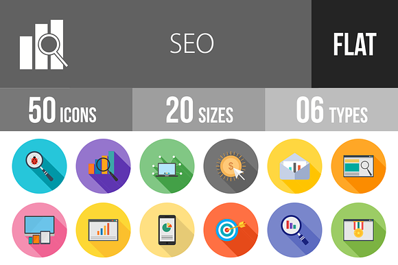 50 Seo Flat Shadowed Icons