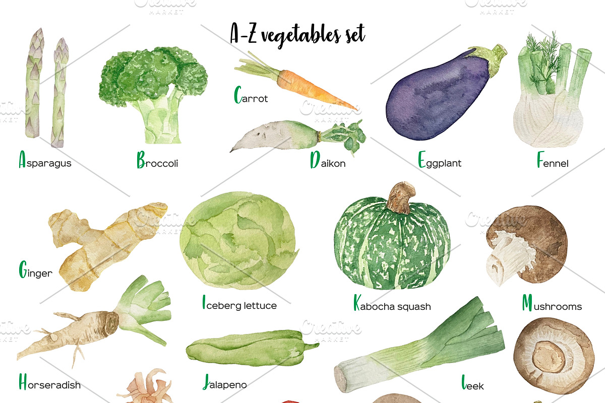 Watercolor abc vegetables clipart, a Food Illustration by Art and Funny (Photo 2 of 3)