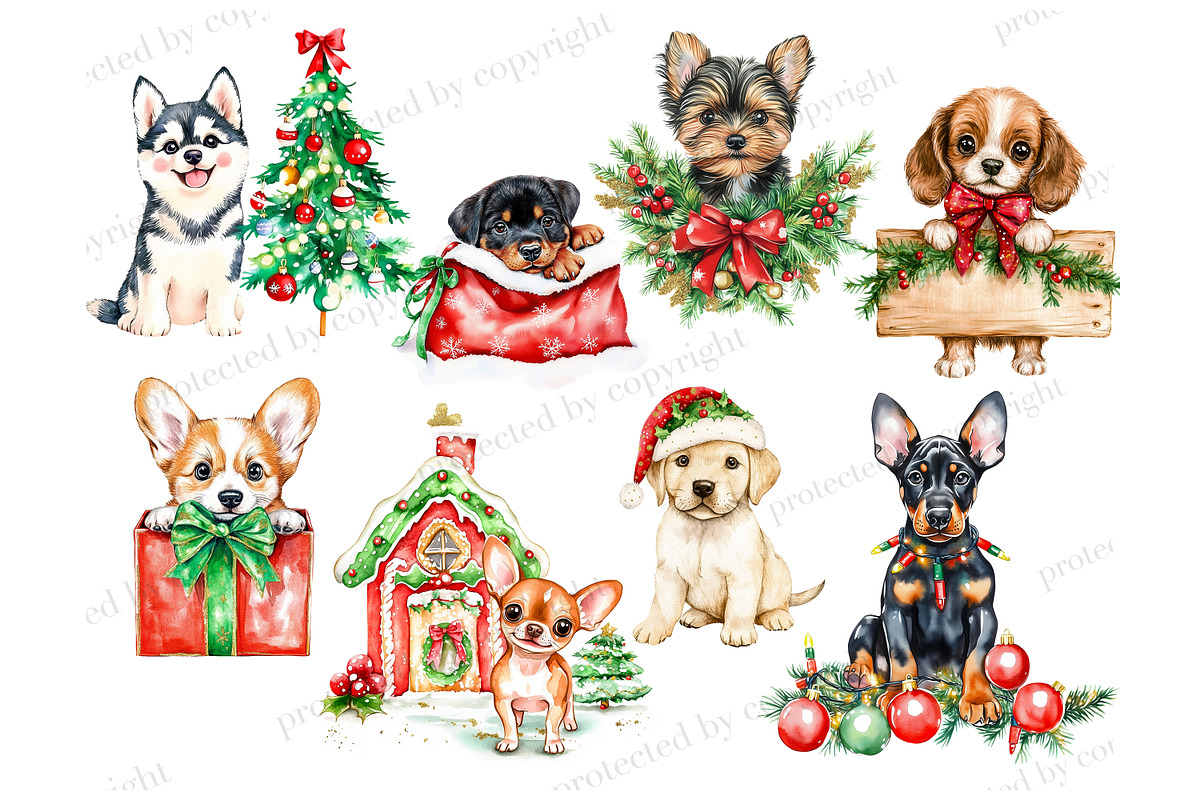 Christmas Puppies Clipart, a Seasonal Illustration by GlamArtZhanna (Photo 3 of 6)