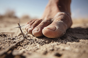 Close-up of dusty bare feet carefully walking near a sharp thorn, a Person Photo by Ales Munt
