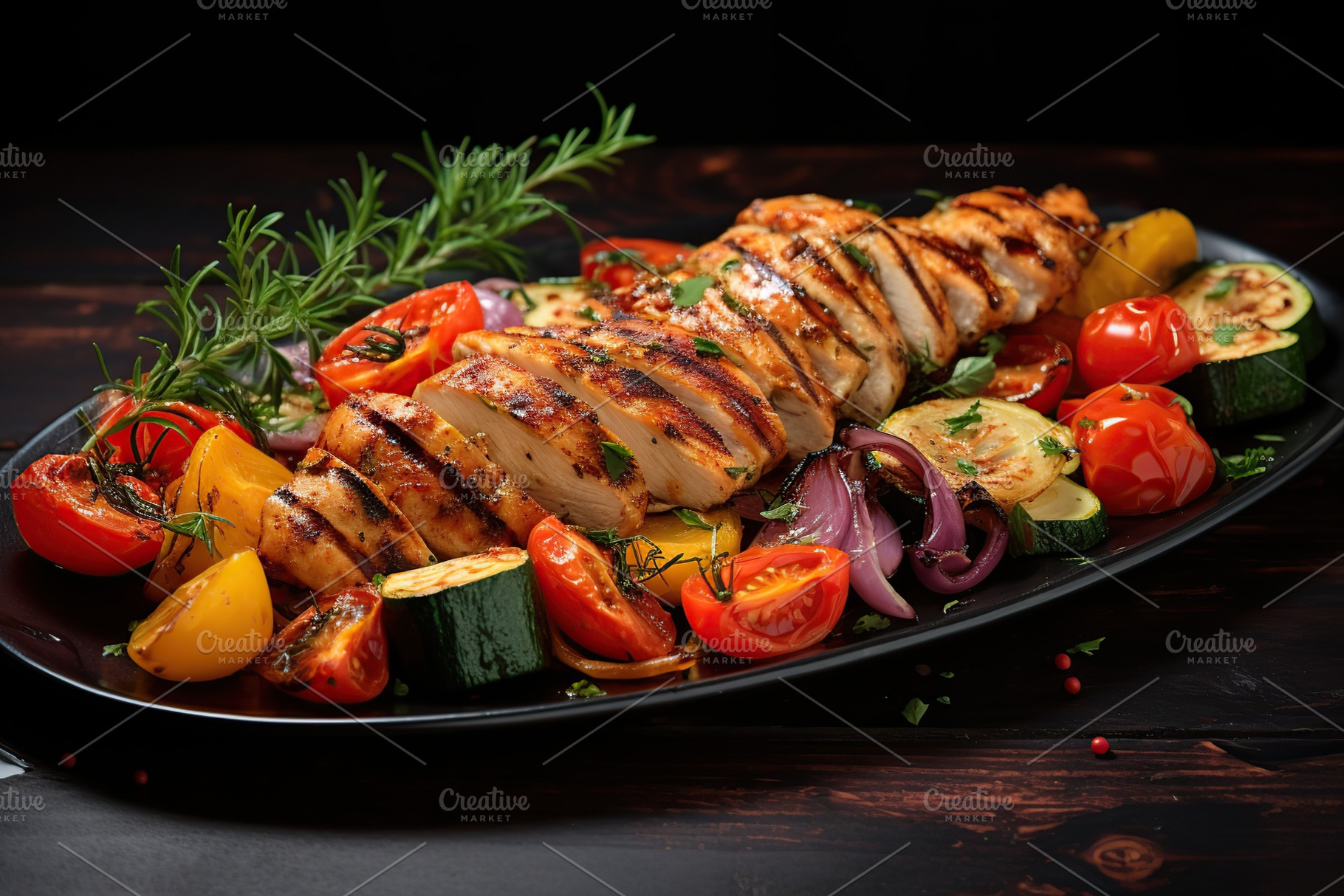 Chicken marinated fillet meat with vegetables on wooden table, a Food & Drink Photo by AlyaAnd