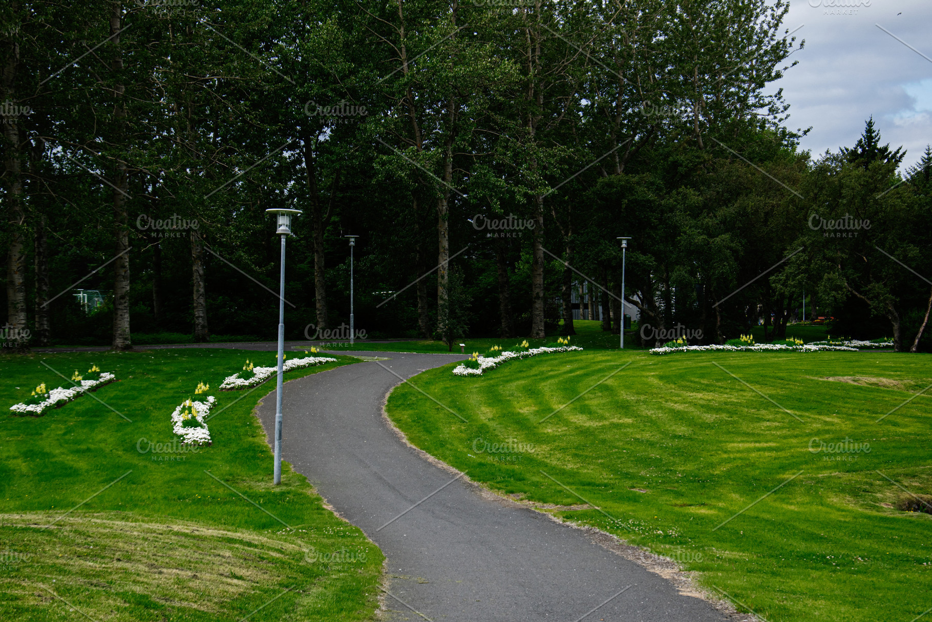 Beautiful paved path in a Reykjavik park with vibrant greenery and flowers, a Photo by AS photostudio