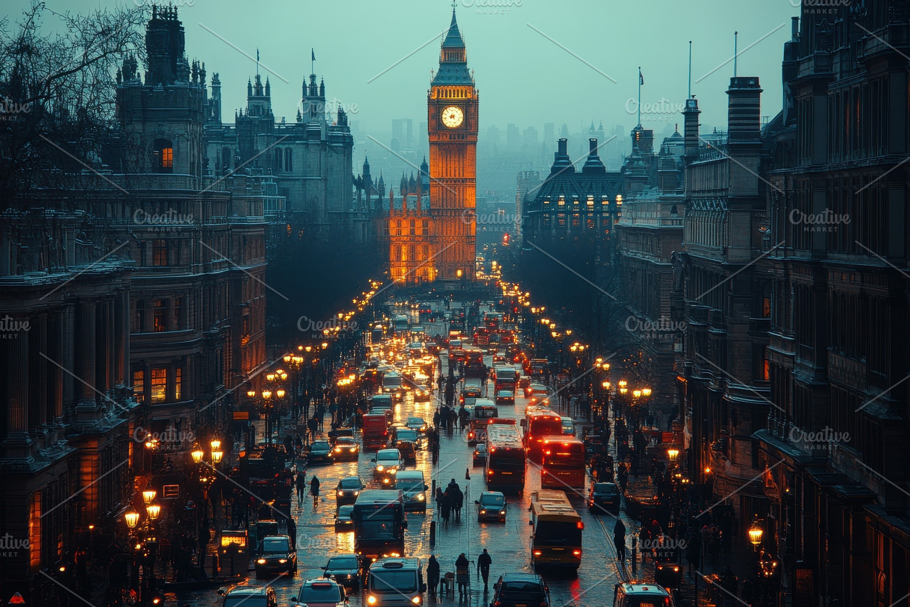 Evening traffic flows past Big Ben a, a Photo by Tanuart