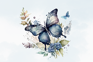 Black Flowers Butterfly Watercolor