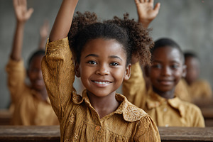 Smiling black student raises hand in classroom setting, a School & Education Photo by OSORIOartist