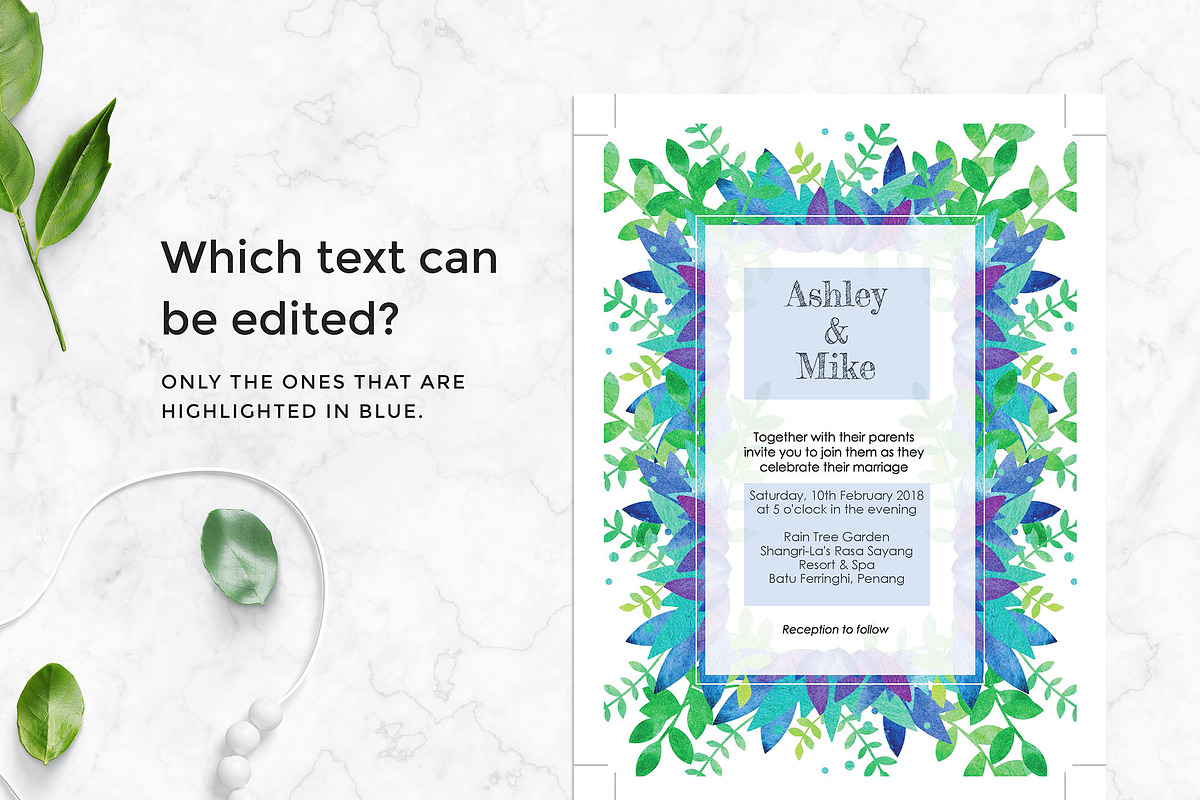 Watercolour Leaves Wedding Invite, an Invitation Template by Brush&Paper (Photo 2 of 3)