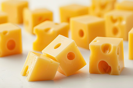 Squares of cheddar with holes agains, a Photo by LOGOCREATIVE