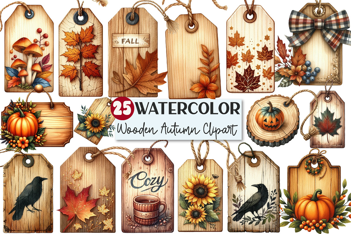 Vintage Wooden Autumn Tags Clipart, an Illustration by Rose Art (Photo 1 of 5)