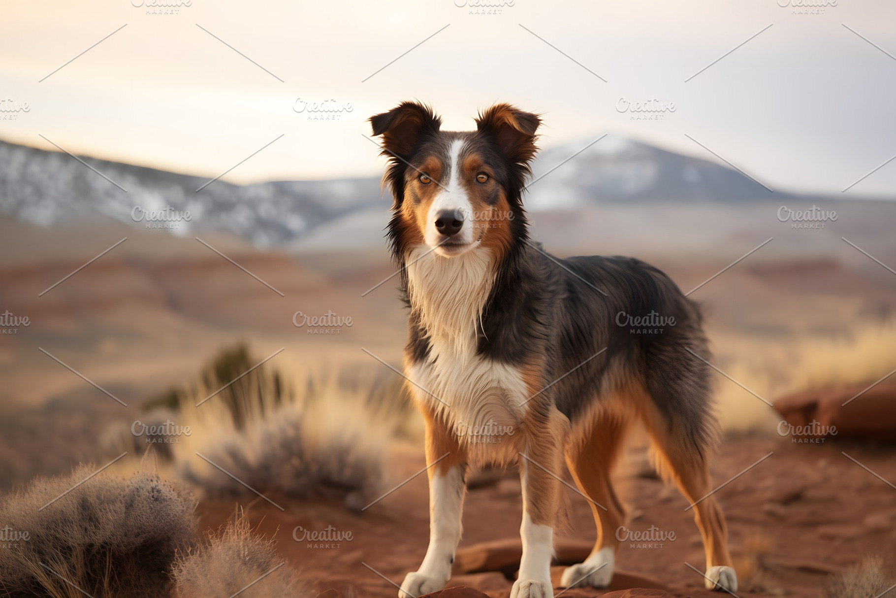 Portrait of beautiful Australian Shepherd dog standing on mountain road or path, an Animal Photo by Lenor4ik
