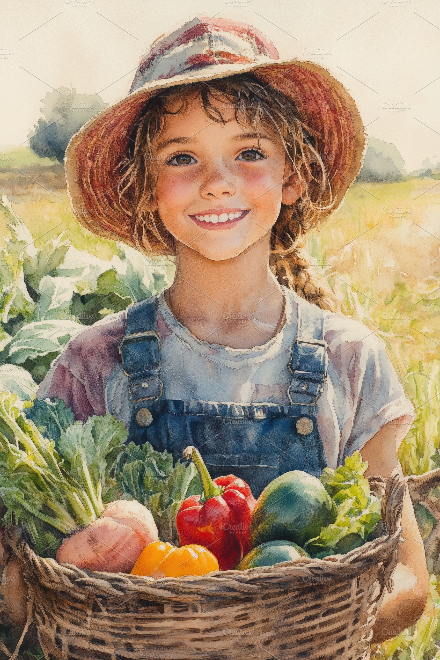A cheerful girl wearing a straw hat and overalls, holding a basket filled with, a Person Photo by Textures & Backgrounds