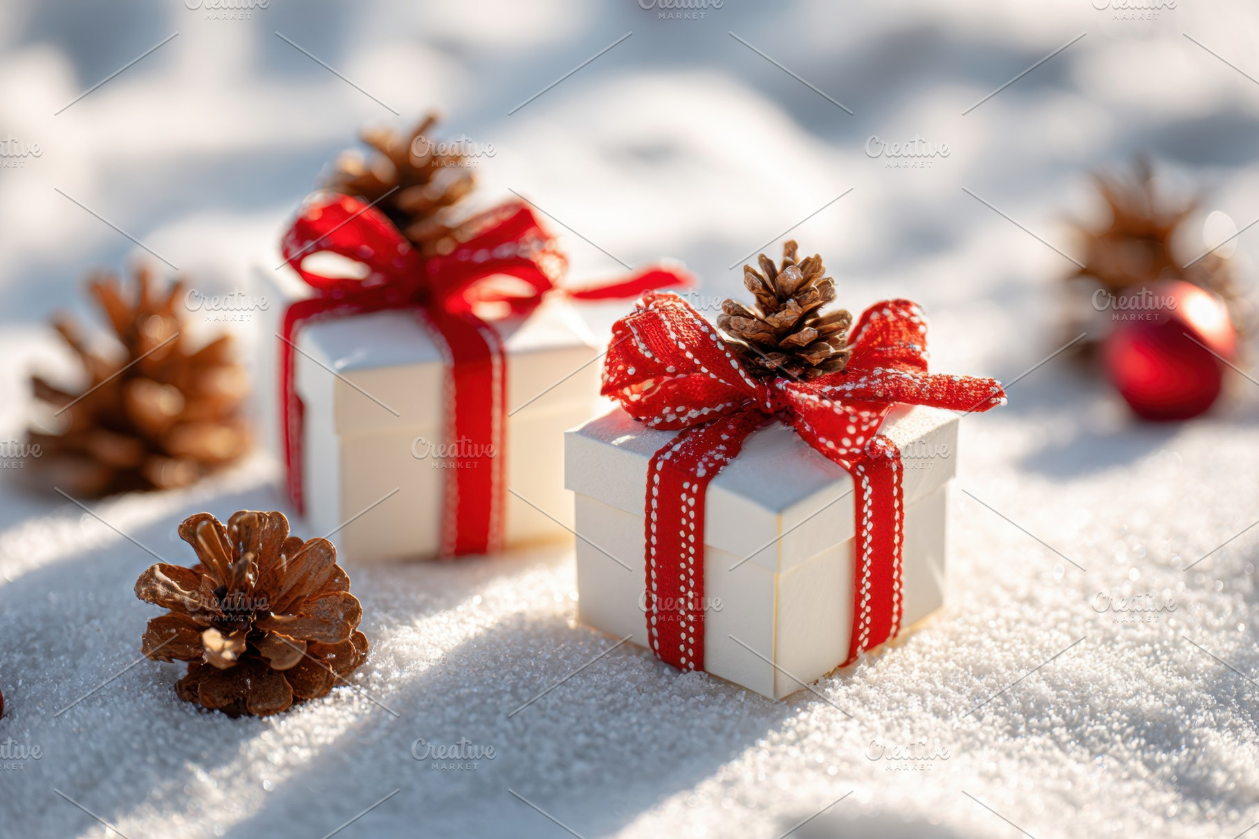 Festive gift boxes on snow with pine cones, a Holiday Photo by AlyaAnd