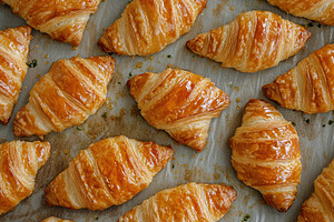 Flat lay of french pastry croissants, fresh baked, a Food & Drink Photo by AlyaAnd