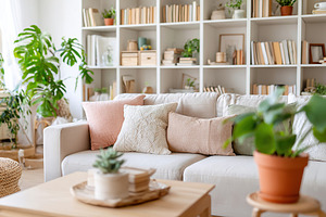 Cozy living room with bookshelf wall and comfortable seating for relaxation and, a Photo by AlyaAnd