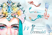 Hand-Painted Mermaid Clipart Set, a Person Illustration by ArtCreationsDesign (Thumbnail 4 of 24)