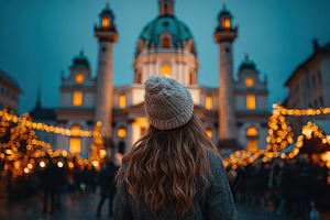 Woman admiring Christmas market at n, a Photo by Pixeness Studio