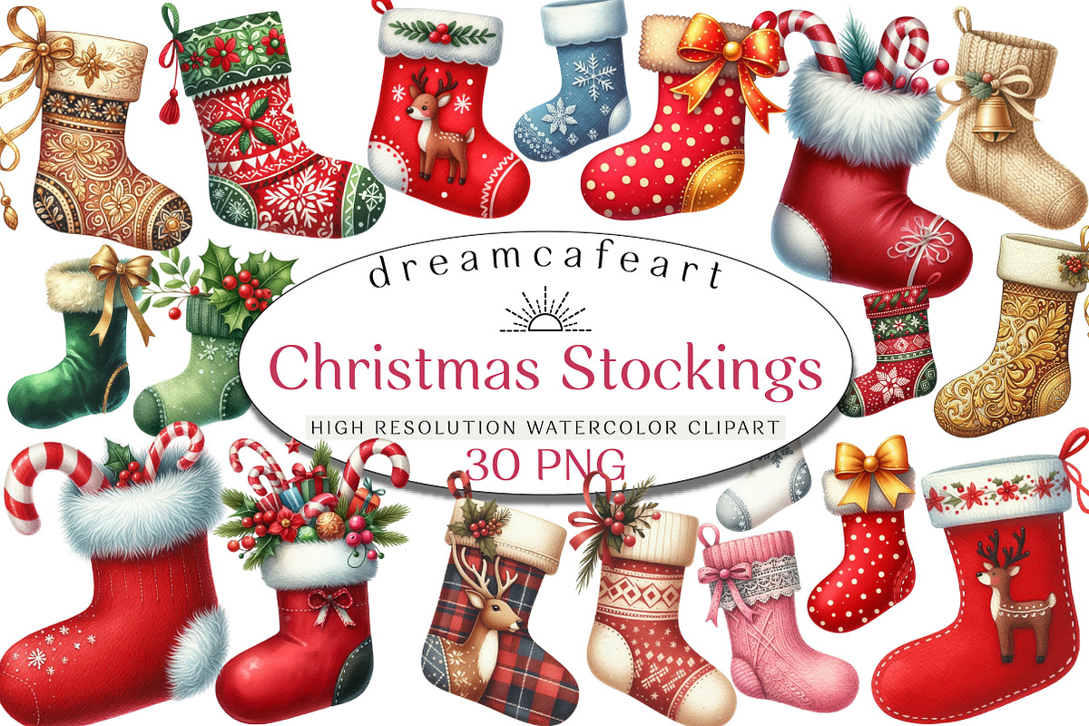 Christmas Stockings Clipart, an Illustration by DreamCafeArt (Photo 1 of 6)