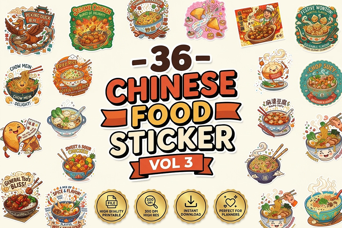 36 Chinese Food Sticker Bundle Vol 3, a Food Illustration by ikarifq shop