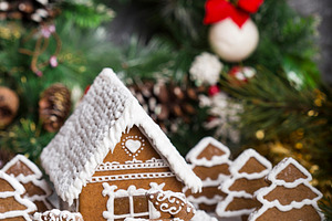 Homemade gingerbread house featuring advent, baked, and biscuit