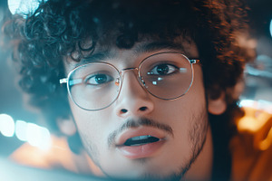 Young man with curly hair and glasse, a Photo by Dvoevnore photos