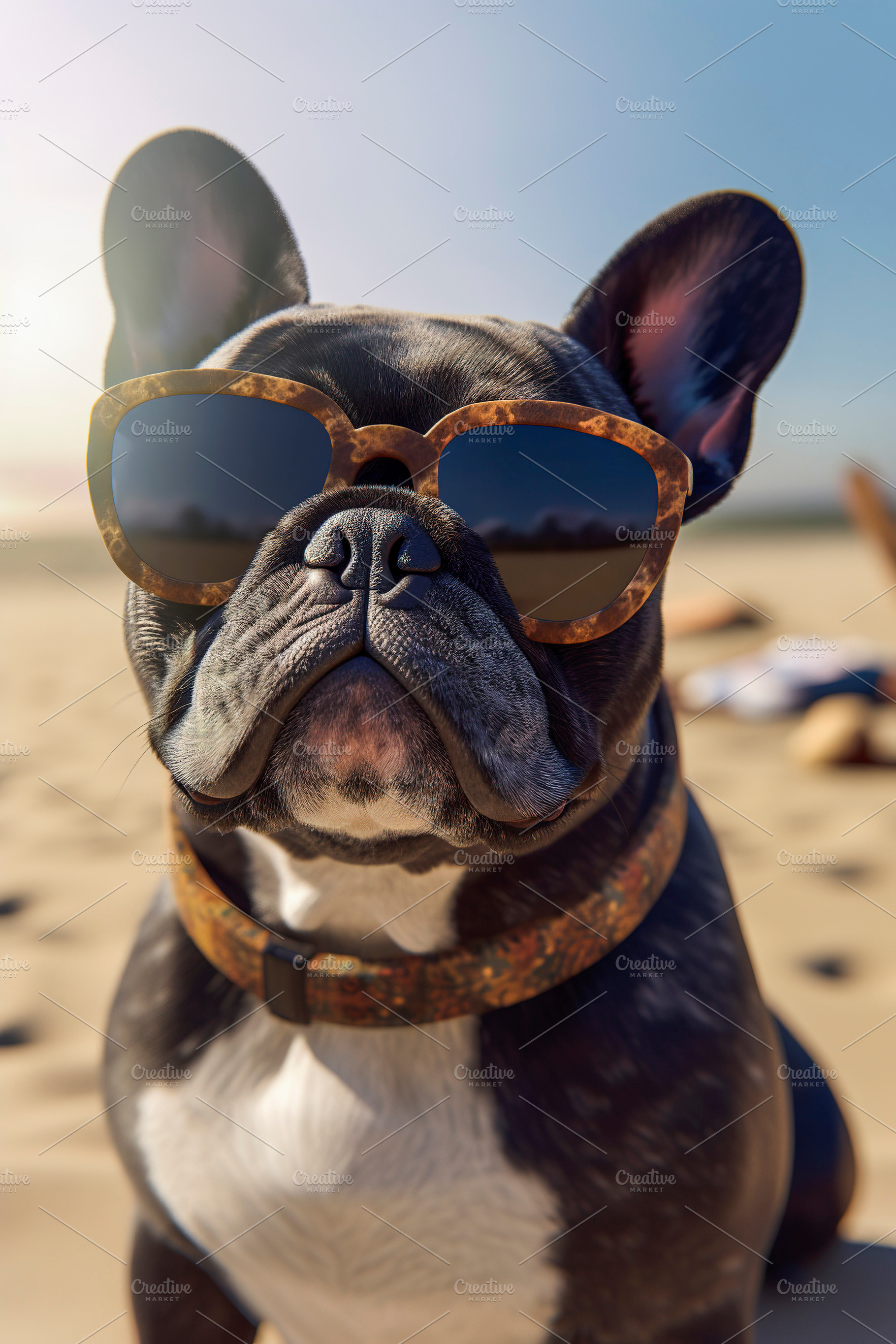 Bulldog dog sitting on the sand at, an Animal Photo by huertas19