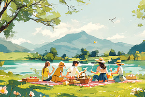 Friends enjoying a picnic by a scenic lake on a sunny day, a Photo by AS photostudio