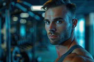 Young muscular man posing in the gym center, a Photo by AlyaAnd