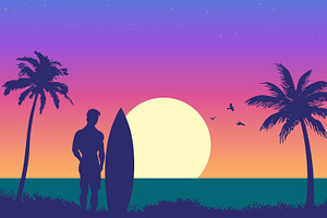 A Surfer Stands On The Beach, a Person Illustration by Saba Vector