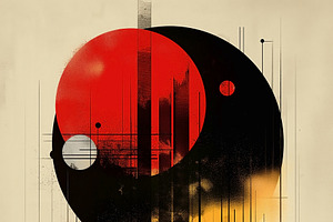 A striking abstract design featuring bold red and black circles, a Decorative Illustration by ImageMir