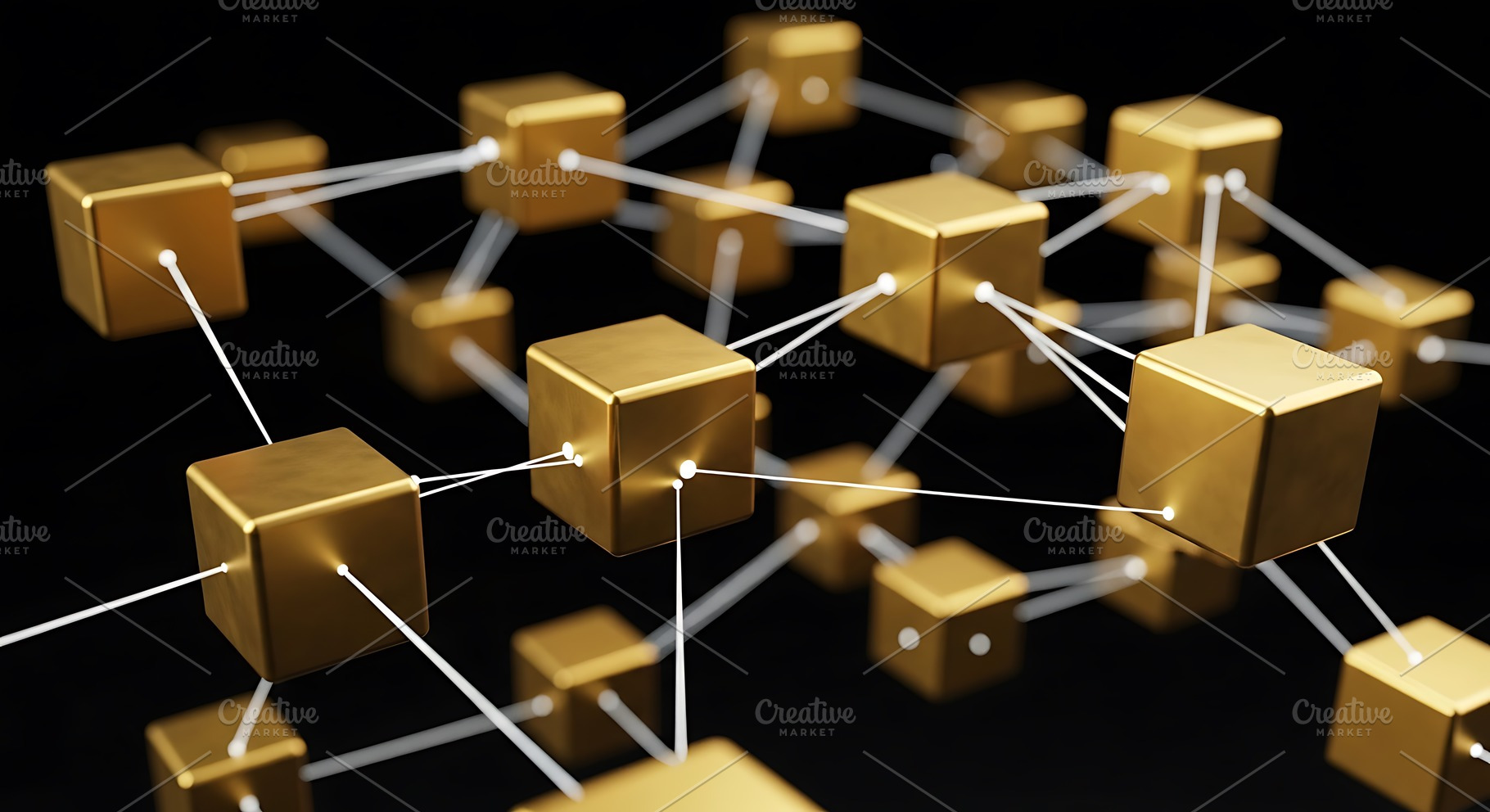 Golden cubes connected by white line, a Technology Photo by Artonix